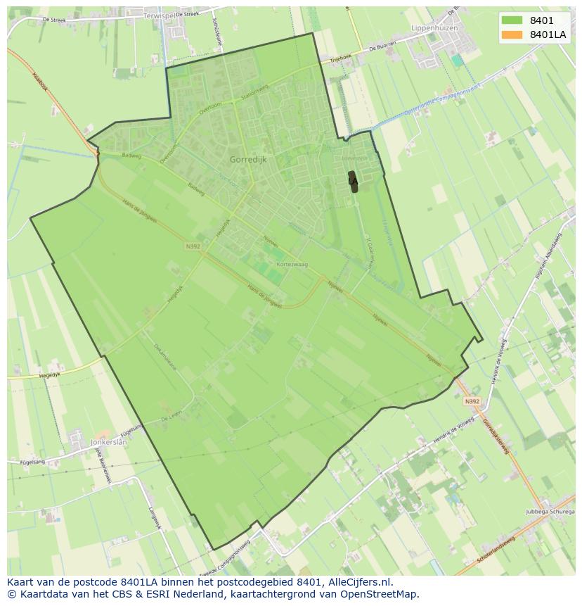 Afbeelding van het postcodegebied 8401 LA op de kaart.