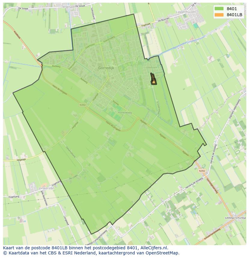 Afbeelding van het postcodegebied 8401 LB op de kaart.