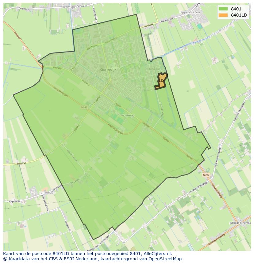 Afbeelding van het postcodegebied 8401 LD op de kaart.