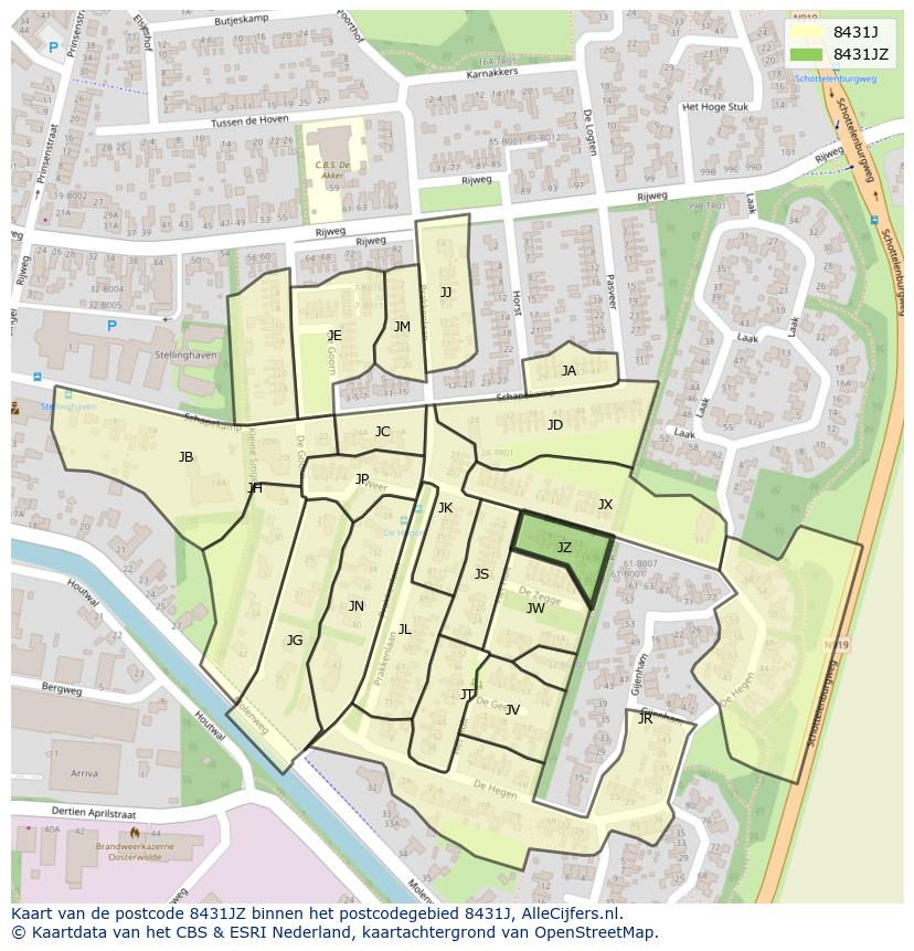 Afbeelding van het postcodegebied 8431 JZ op de kaart.
