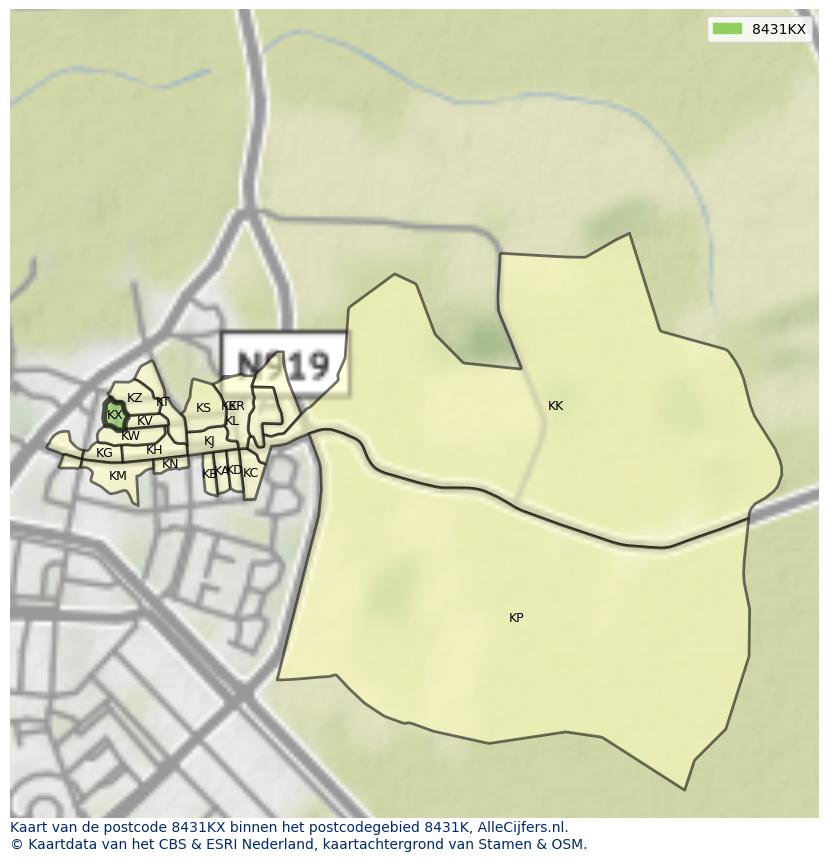 Afbeelding van het postcodegebied 8431 KX op de kaart.