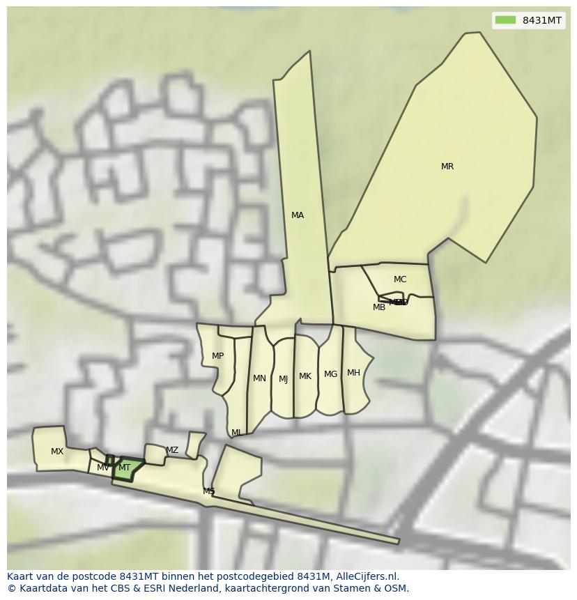 Afbeelding van het postcodegebied 8431 MT op de kaart.