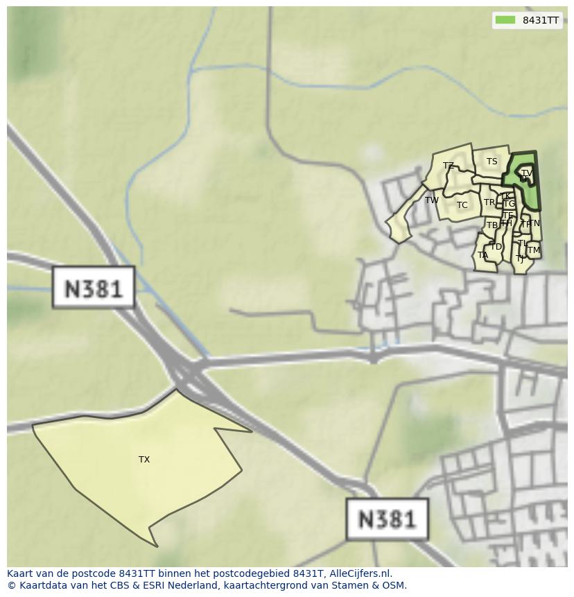 Afbeelding van het postcodegebied 8431 TT op de kaart.