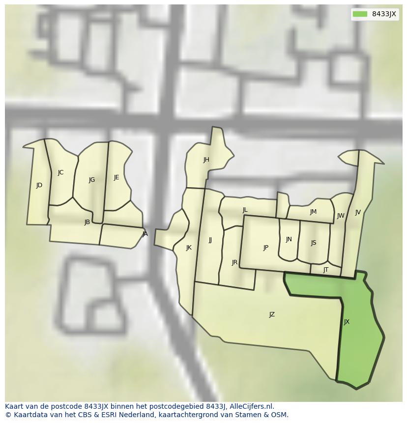 Afbeelding van het postcodegebied 8433 JX op de kaart.
