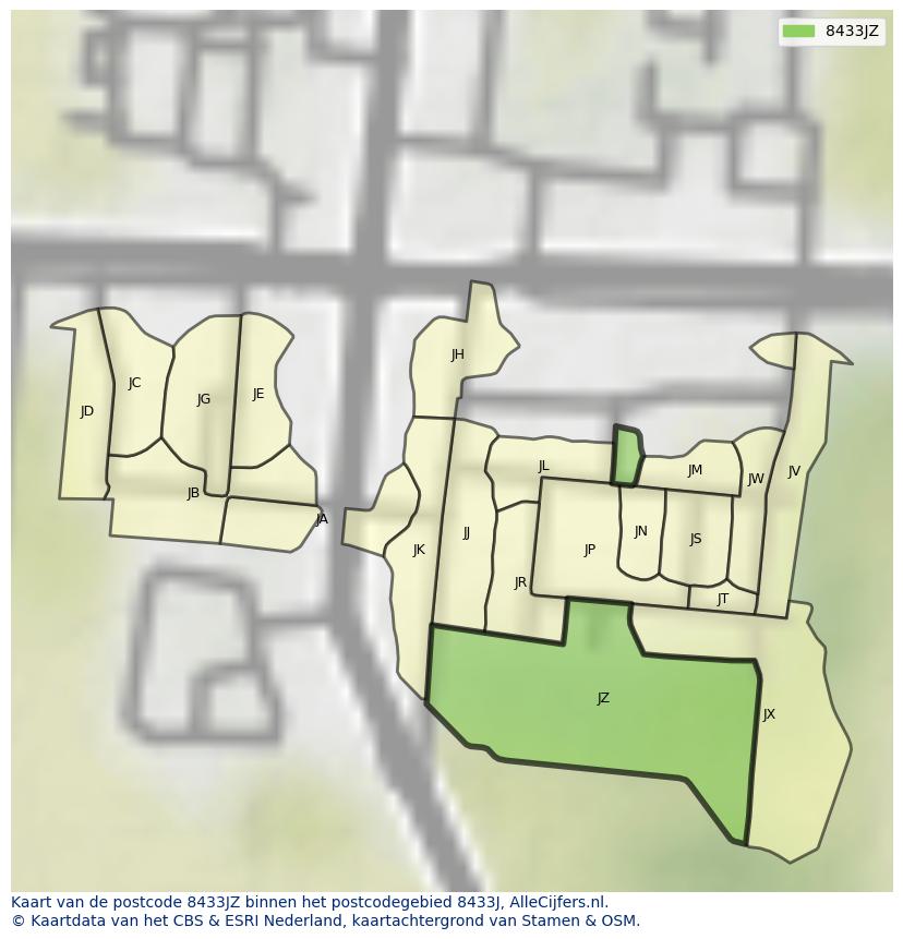 Afbeelding van het postcodegebied 8433 JZ op de kaart.