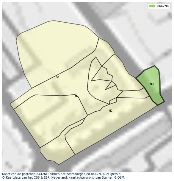 Afbeelding van het postcodegebied 8442 ND op de kaart.