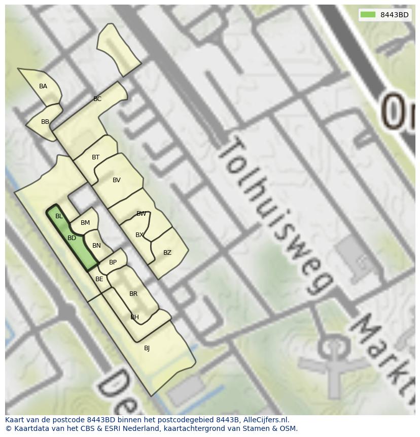 Afbeelding van het postcodegebied 8443 BD op de kaart.