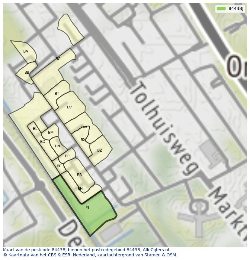 Afbeelding van het postcodegebied 8443 BJ op de kaart.