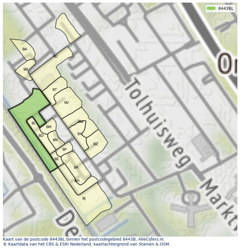 Afbeelding van het postcodegebied 8443 BL op de kaart.