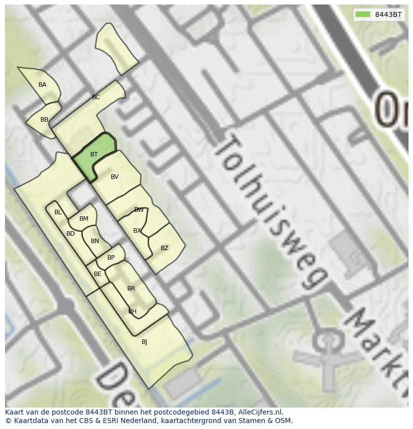Afbeelding van het postcodegebied 8443 BT op de kaart.