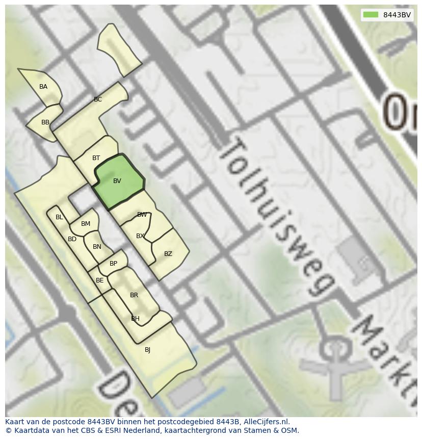Afbeelding van het postcodegebied 8443 BV op de kaart.