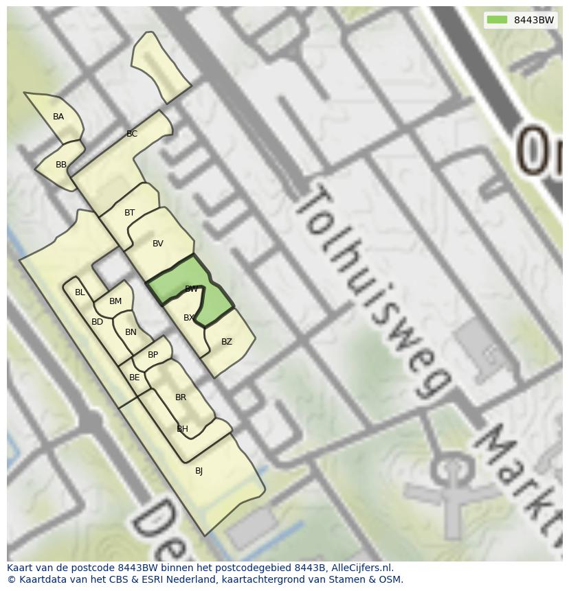 Afbeelding van het postcodegebied 8443 BW op de kaart.