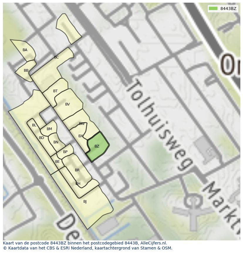 Afbeelding van het postcodegebied 8443 BZ op de kaart.