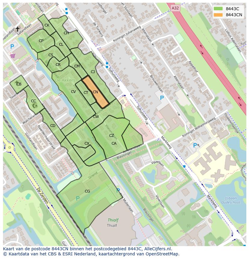 Afbeelding van het postcodegebied 8443 CN op de kaart.