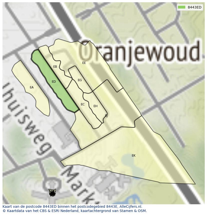 Afbeelding van het postcodegebied 8443 ED op de kaart.