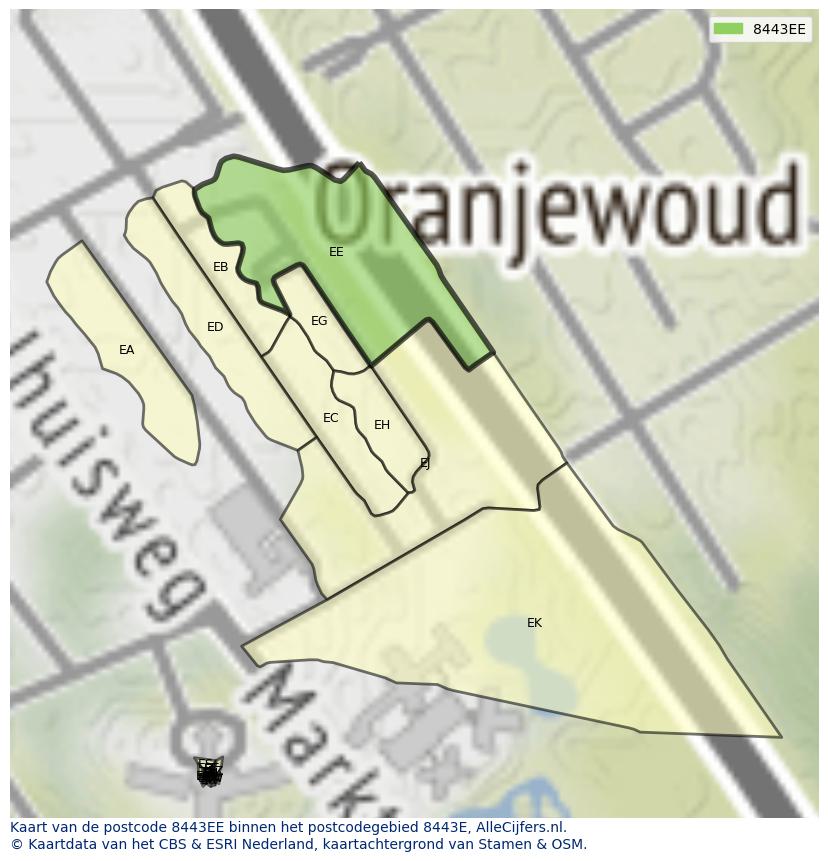Afbeelding van het postcodegebied 8443 EE op de kaart.