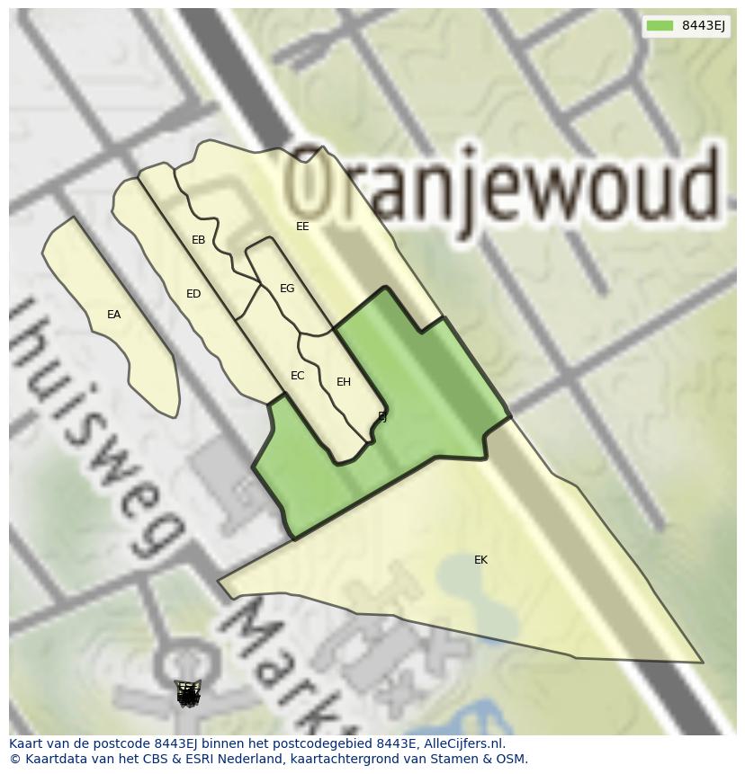 Afbeelding van het postcodegebied 8443 EJ op de kaart.