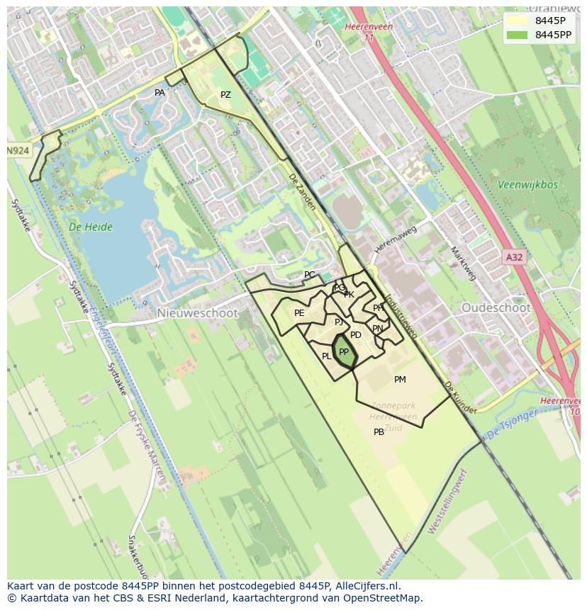 Afbeelding van het postcodegebied 8445 PP op de kaart.