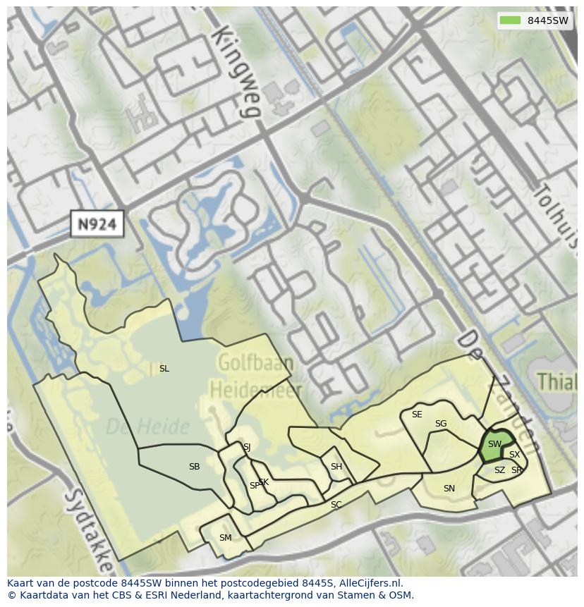 Afbeelding van het postcodegebied 8445 SW op de kaart.