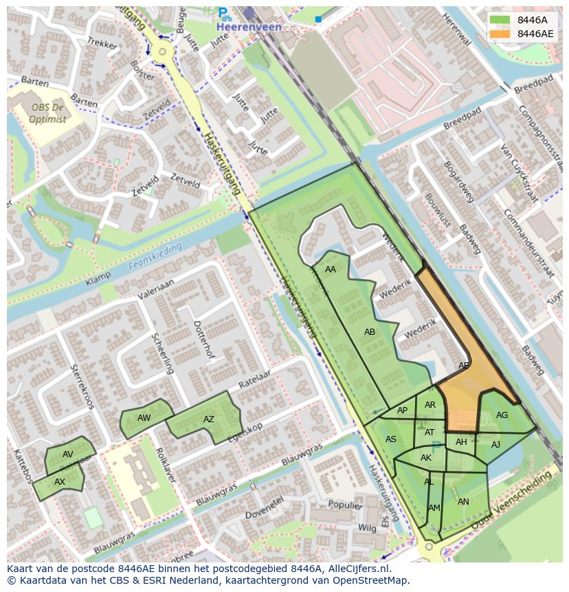 Afbeelding van het postcodegebied 8446 AE op de kaart.