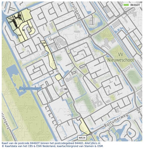 Afbeelding van het postcodegebied 8446 DT op de kaart.