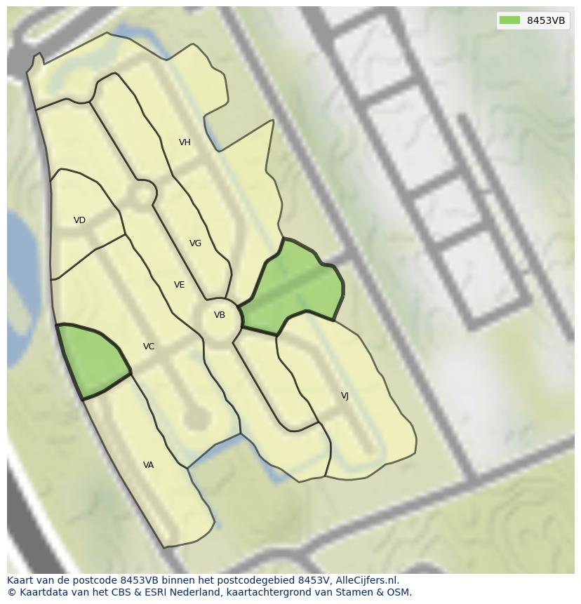 Afbeelding van het postcodegebied 8453 VB op de kaart.
