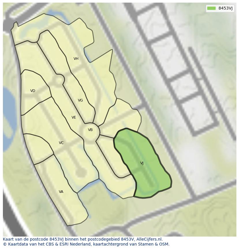 Afbeelding van het postcodegebied 8453 VJ op de kaart.