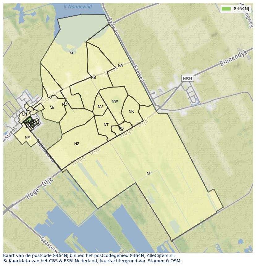 Afbeelding van het postcodegebied 8464 NJ op de kaart.