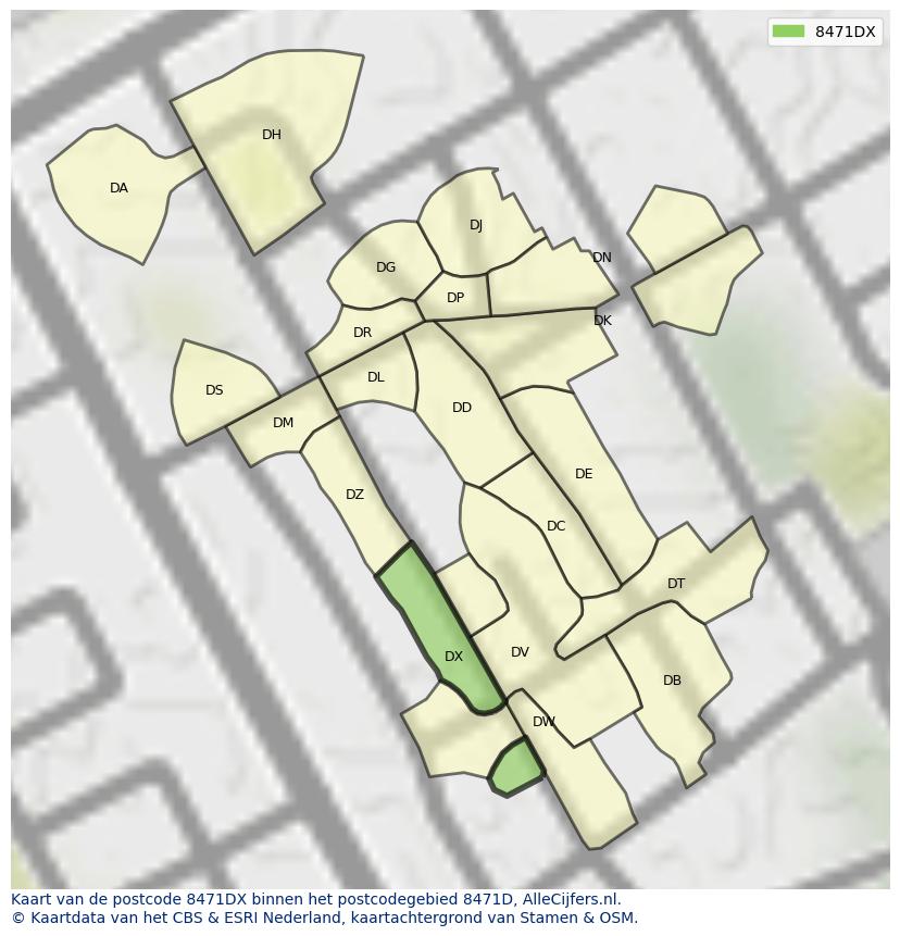 Afbeelding van het postcodegebied 8471 DX op de kaart.