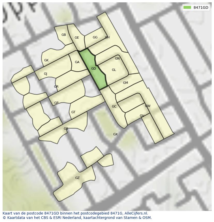 Afbeelding van het postcodegebied 8471 GD op de kaart.