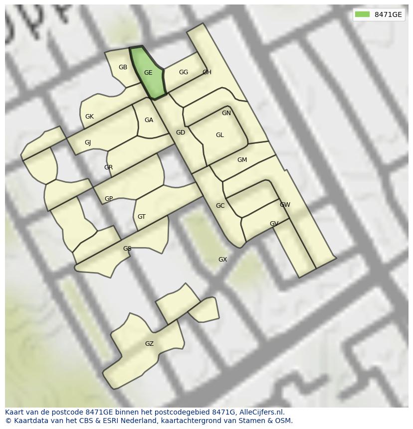 Afbeelding van het postcodegebied 8471 GE op de kaart.
