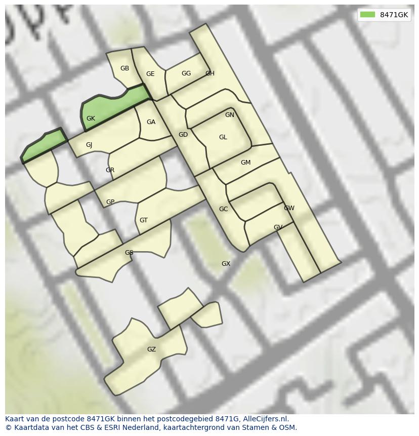 Afbeelding van het postcodegebied 8471 GK op de kaart.