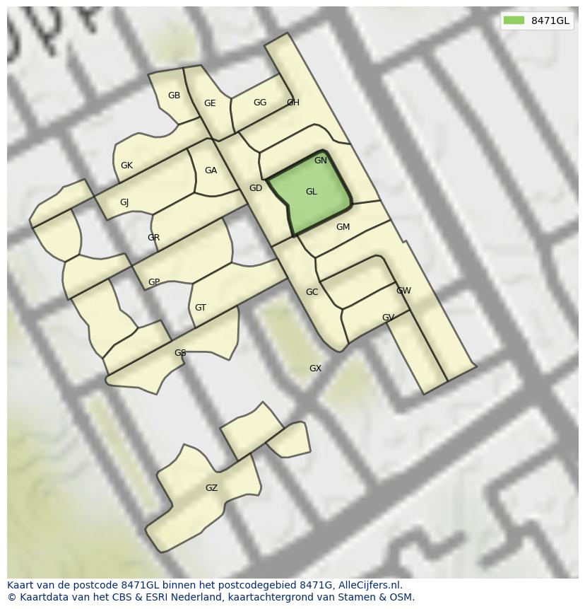 Afbeelding van het postcodegebied 8471 GL op de kaart.