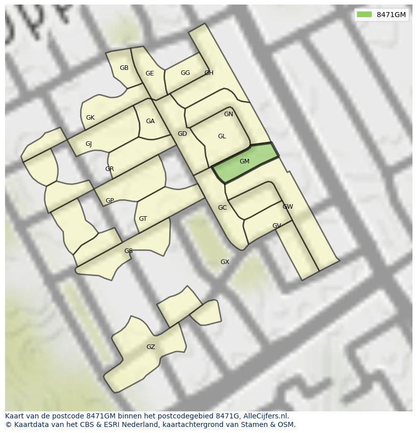 Afbeelding van het postcodegebied 8471 GM op de kaart.