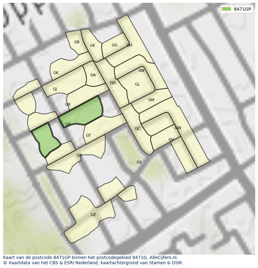 Afbeelding van het postcodegebied 8471 GP op de kaart.