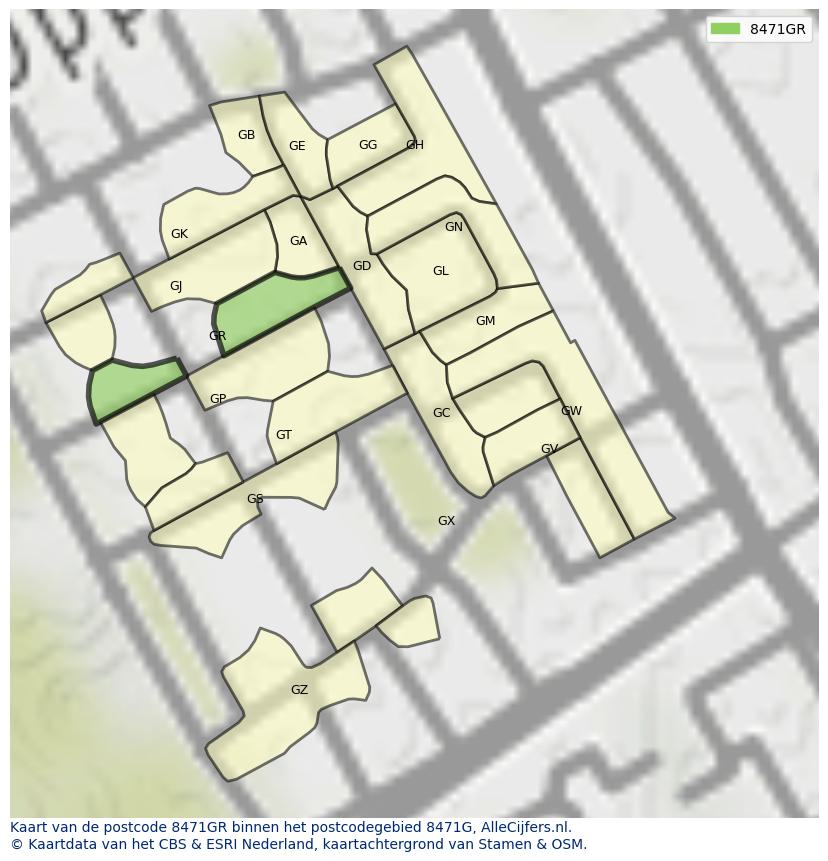 Afbeelding van het postcodegebied 8471 GR op de kaart.