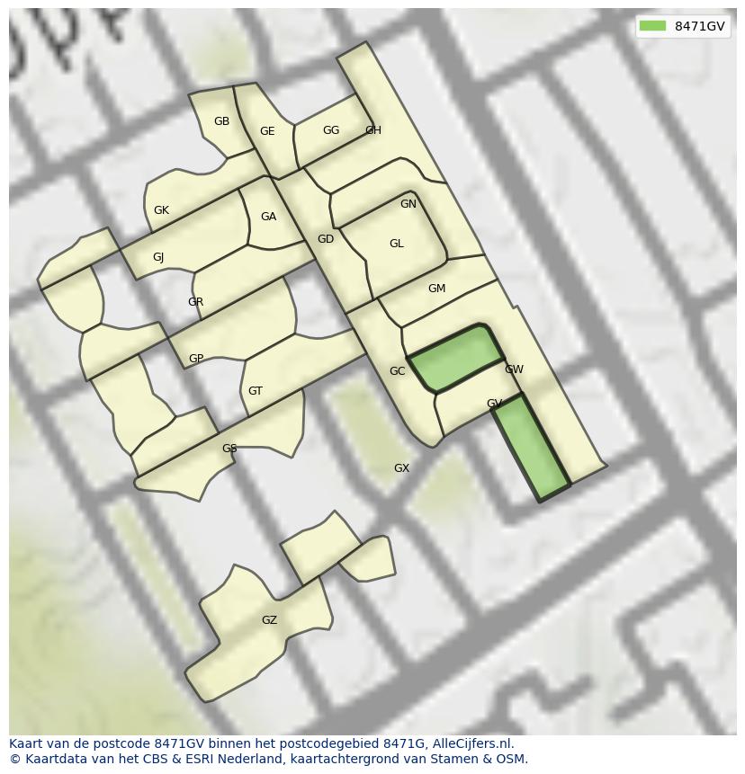 Afbeelding van het postcodegebied 8471 GV op de kaart.