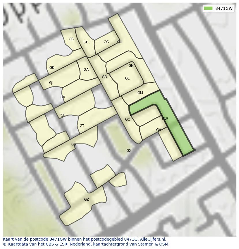 Afbeelding van het postcodegebied 8471 GW op de kaart.