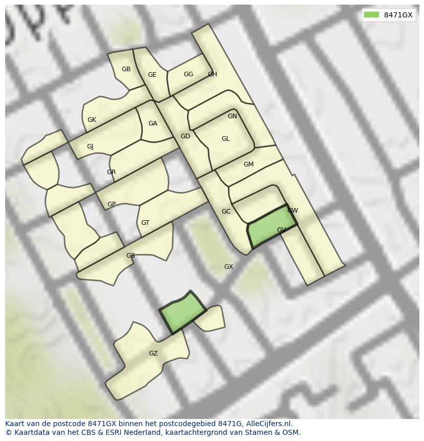 Afbeelding van het postcodegebied 8471 GX op de kaart.
