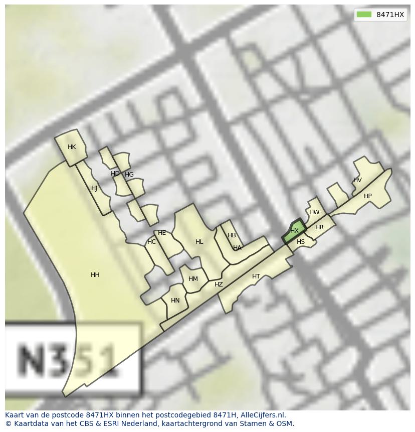 Afbeelding van het postcodegebied 8471 HX op de kaart.