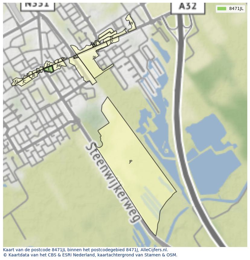 Afbeelding van het postcodegebied 8471 JL op de kaart.