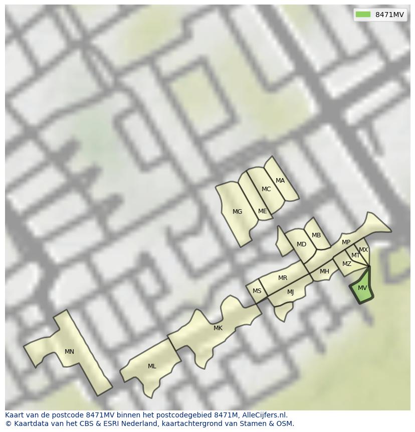 Afbeelding van het postcodegebied 8471 MV op de kaart.