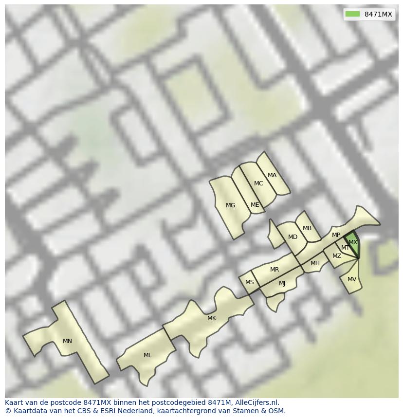 Afbeelding van het postcodegebied 8471 MX op de kaart.