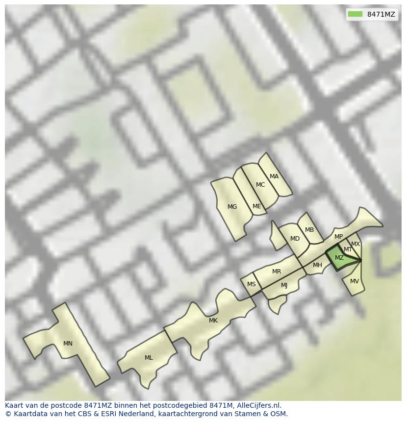 Afbeelding van het postcodegebied 8471 MZ op de kaart.