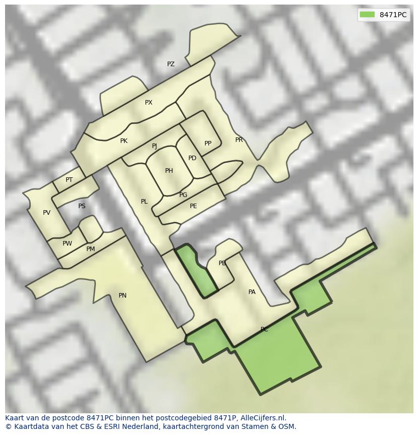 Afbeelding van het postcodegebied 8471 PC op de kaart.