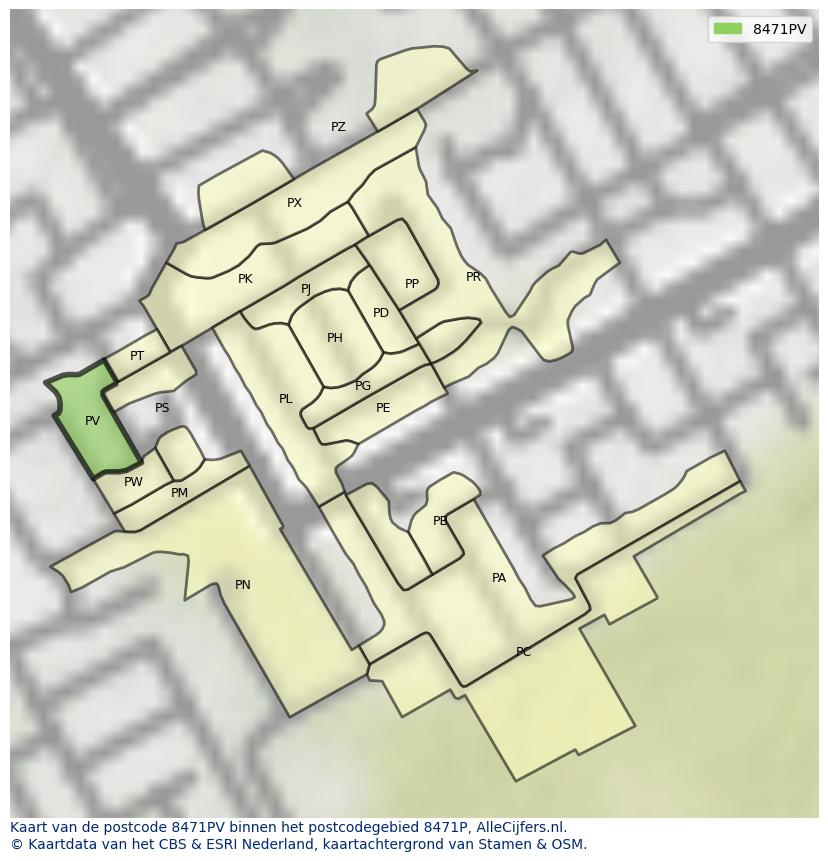Afbeelding van het postcodegebied 8471 PV op de kaart.
