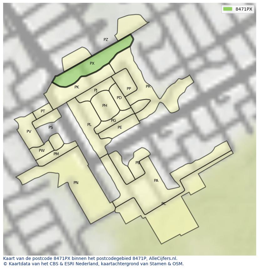 Afbeelding van het postcodegebied 8471 PX op de kaart.