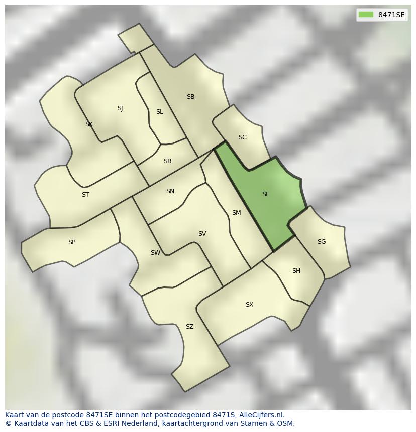Afbeelding van het postcodegebied 8471 SE op de kaart.