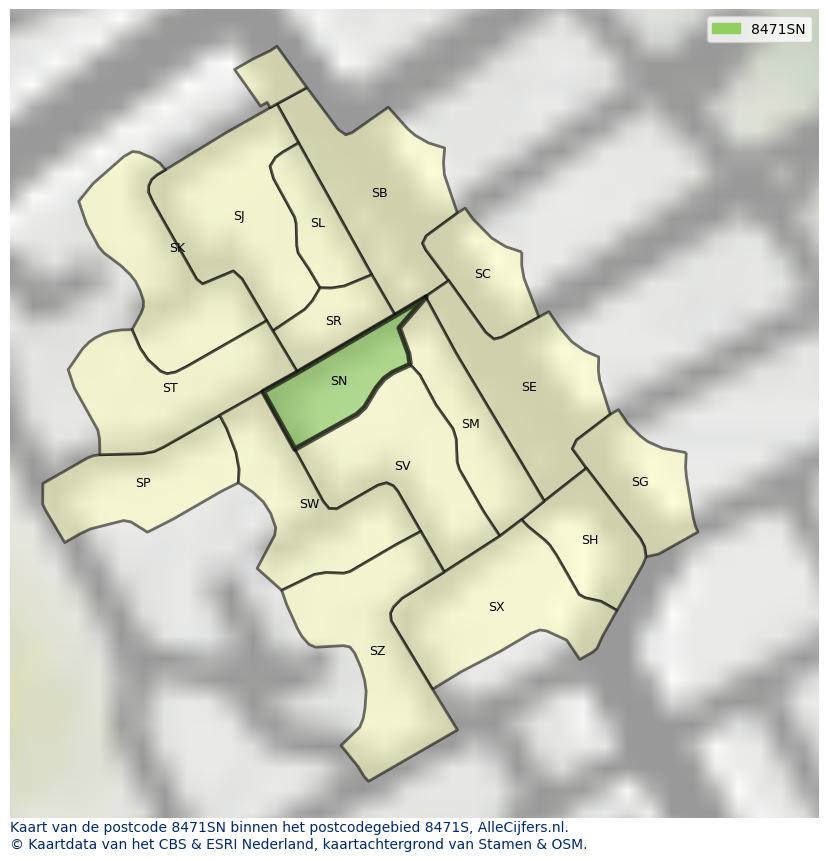 Afbeelding van het postcodegebied 8471 SN op de kaart.