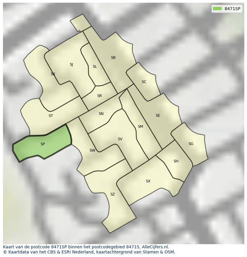 Afbeelding van het postcodegebied 8471 SP op de kaart.